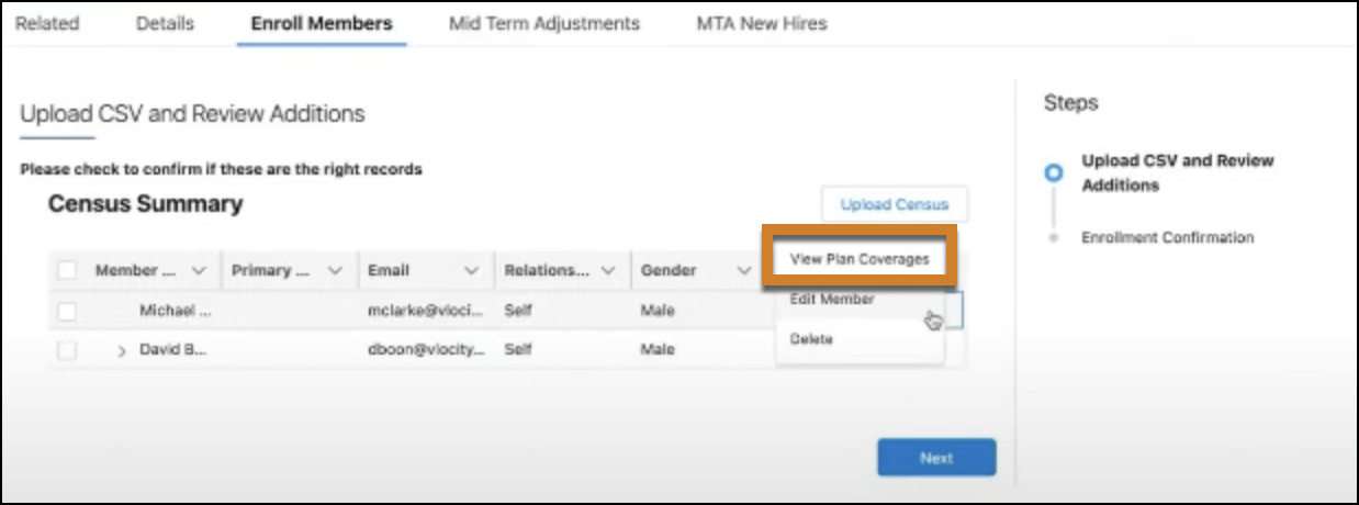 Clicking the action menu for a member and selecting View Plan Coverages