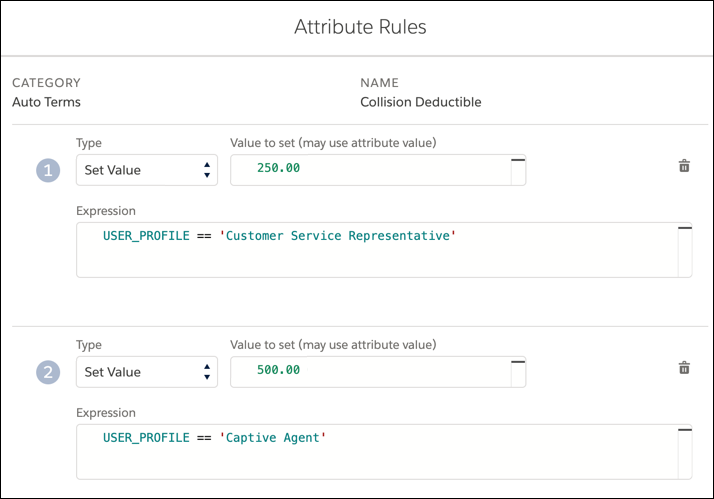 Set Value attribute rules for Customer Service Representative and Captive Agent user profiles.
