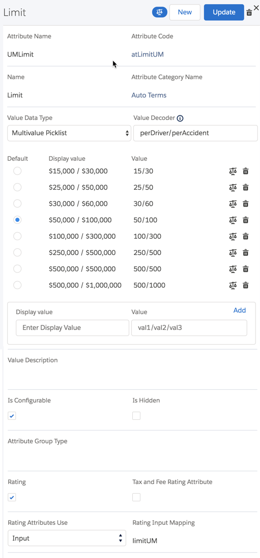 Illustrates the screen to configure a split limit attribute.