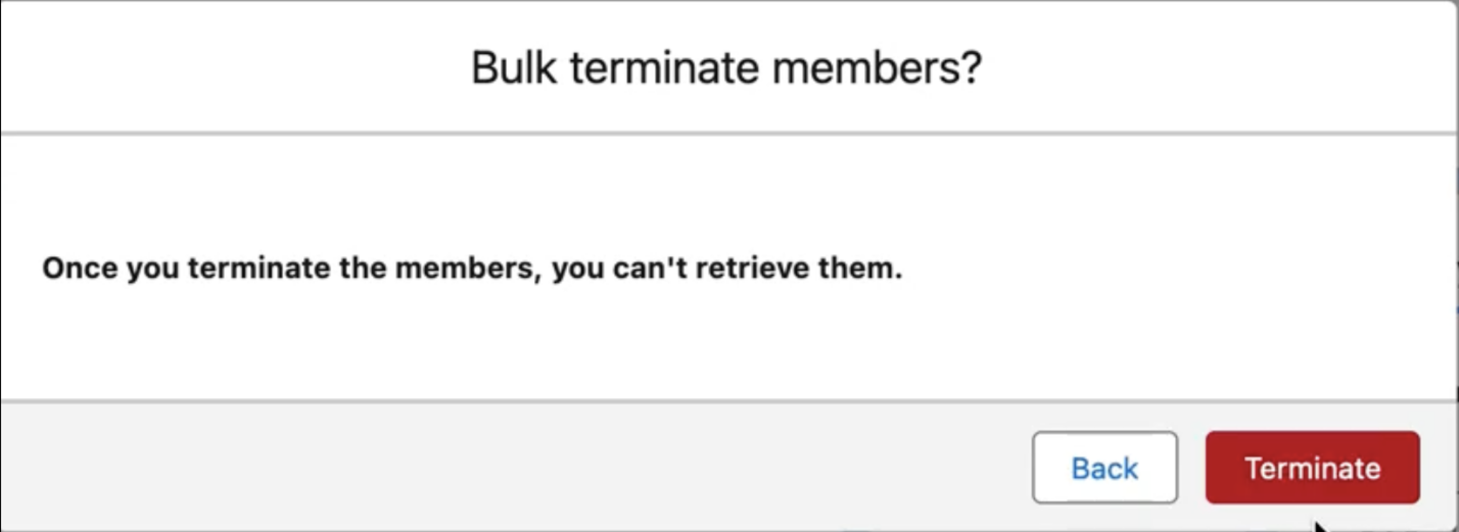 Bulk terminate members confirmation dialog box with the Terminate button highlighted.