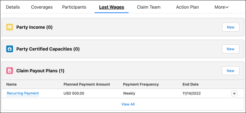 Lost Wages tab with Party Income, Party Certified Capacities, and Claim Payout Plans related lists