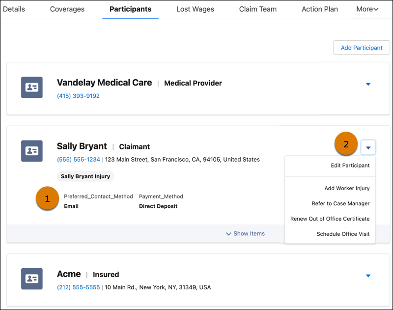 Participants tab with fields and actions highlighted