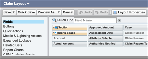 Page layout palette with Fields selected