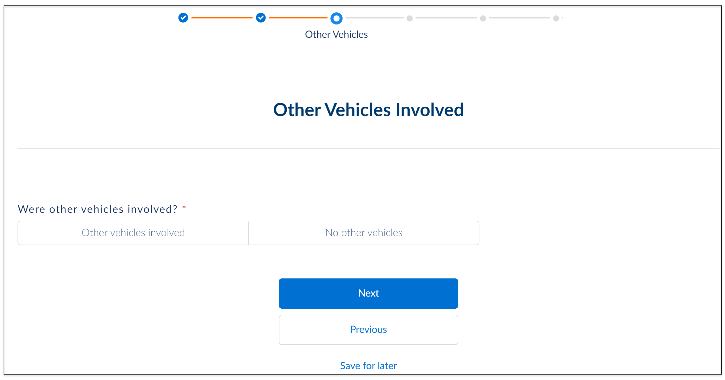 Illustrates the screen to enter information about any other vehicles that might have been involved.