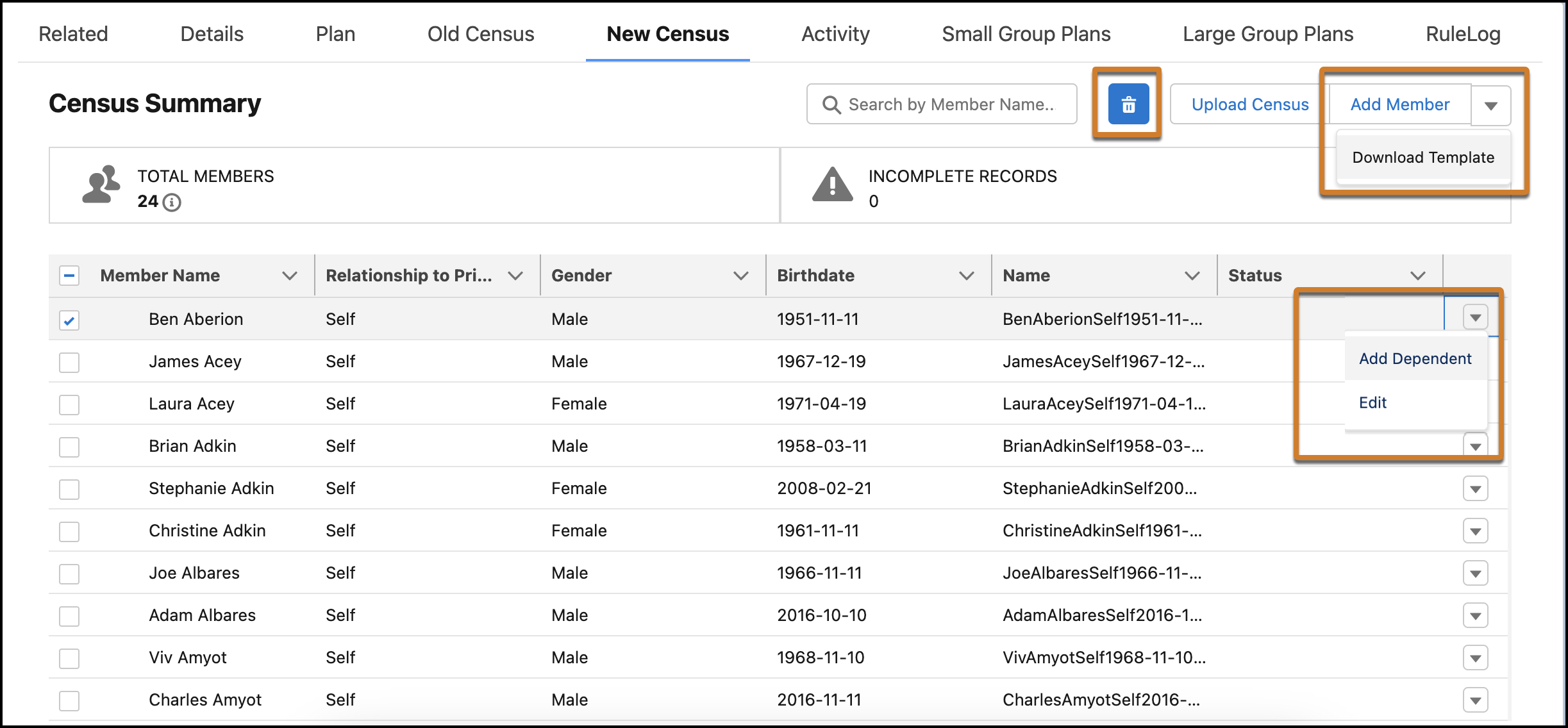 Census member grid with action items highlighted