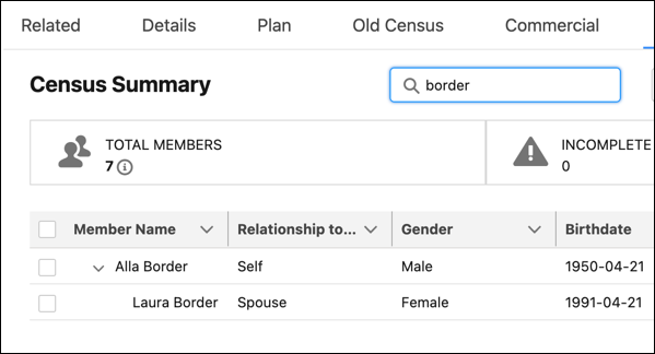 Census member grid with search term and results