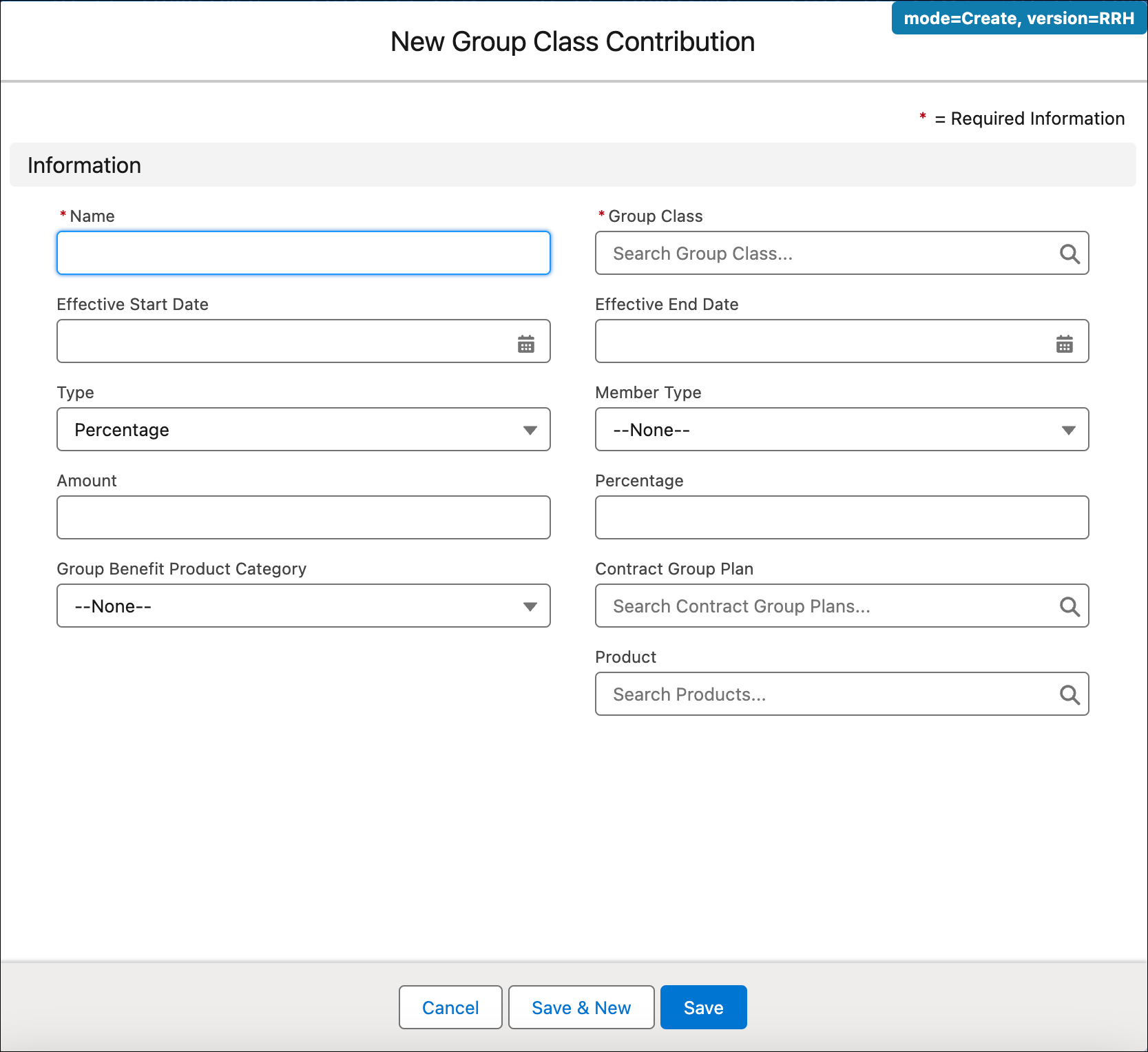 New Group Class Contribution window