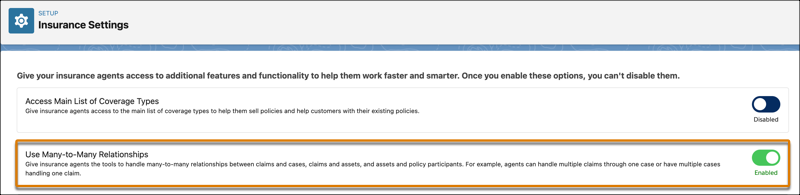 The Insurance Setting UI with the Use Many-to-Many Relationships setting enabled.