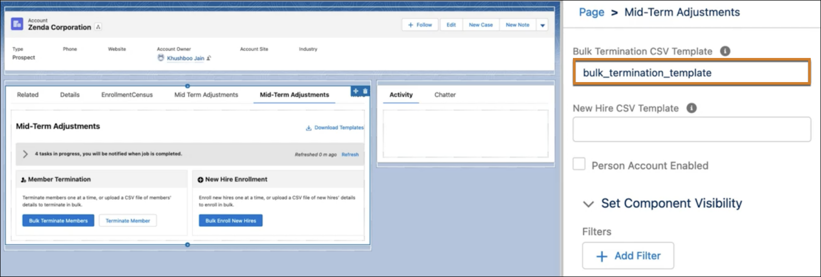 Account Page with the static resource name specified in the Bulk Termination CSV Template field