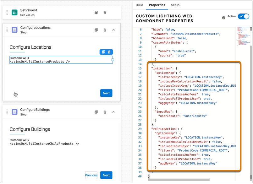 Configure Locations OmniScript step with initAction and rePriceAction JSON highlighted