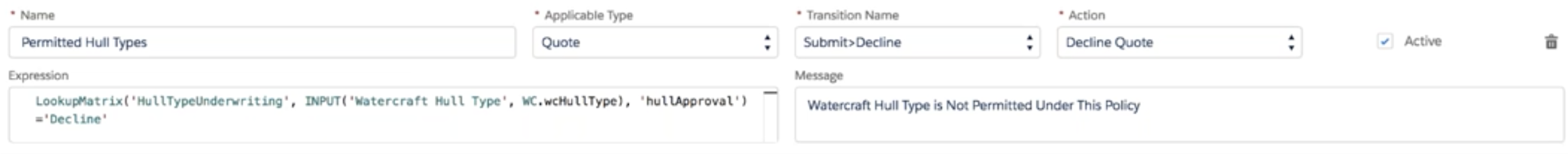 Illustrates a completed eligibility rule with a matrix lookup.