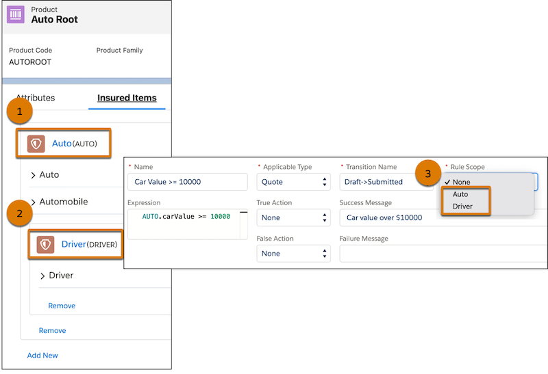 Insured Items list and related rule with Rule Scope highlighted