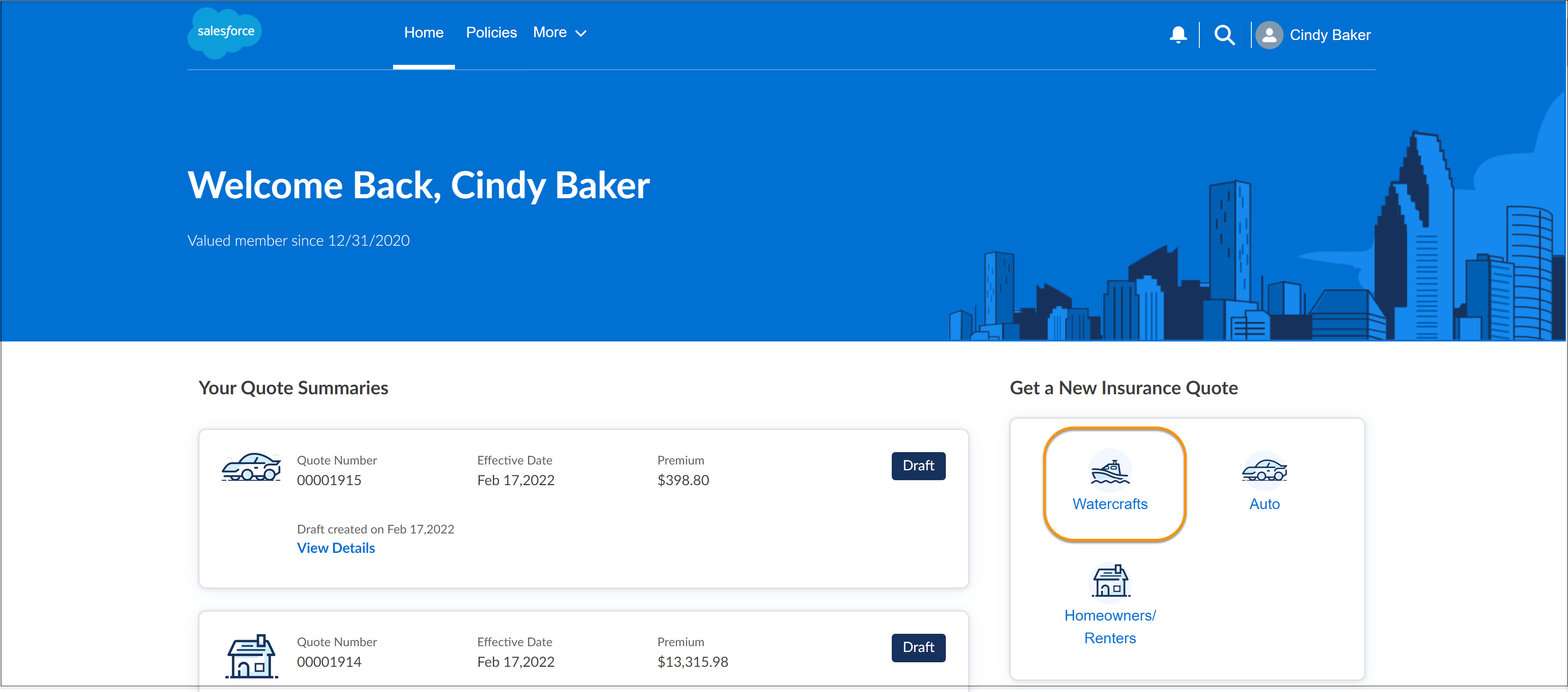 Illustrates the option to start a quote for marine insurance on the policyholder site Home page.