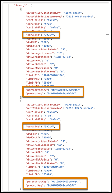 Input JSON with input variable and required parentProdKey and productKey highlighted