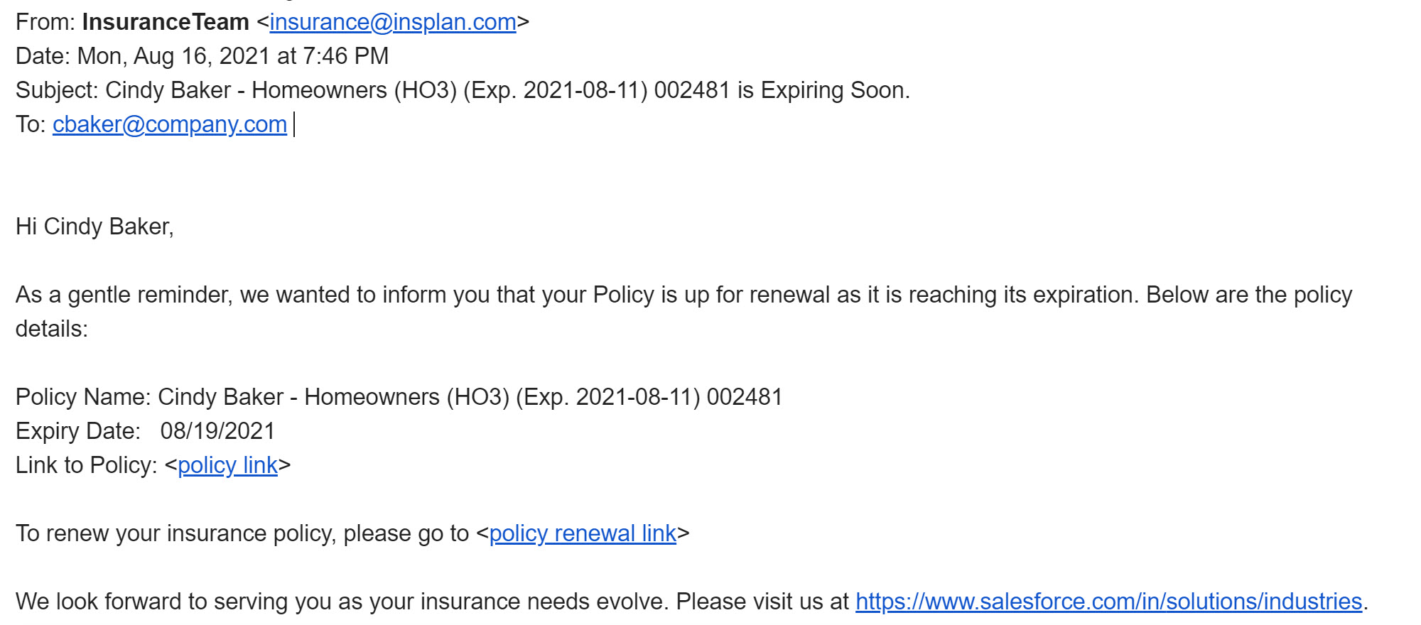 Illustrates an example policy renewal email.
