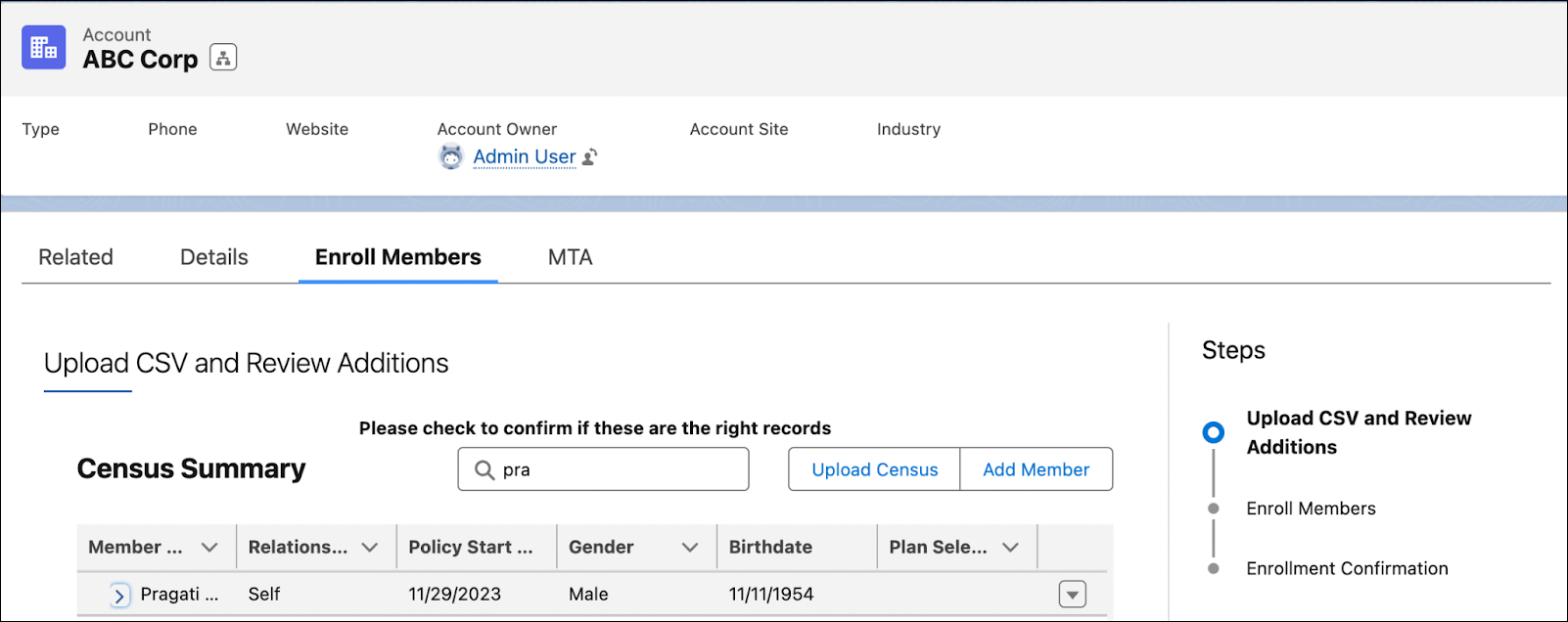 Search results that show primary member and associated dependents