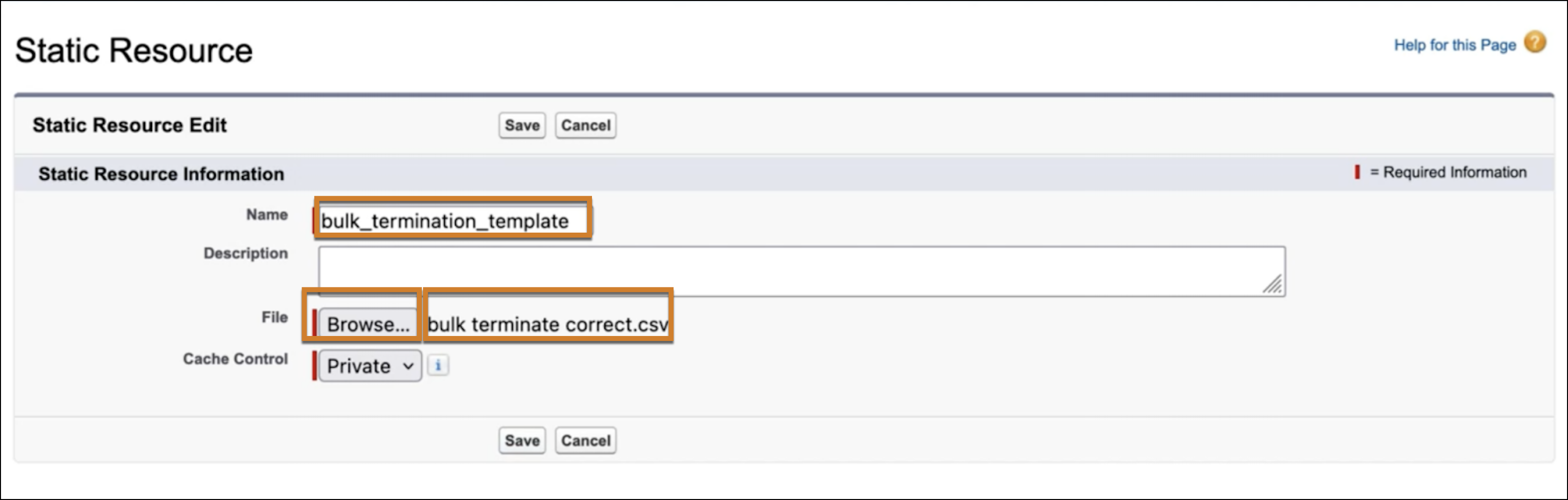 Selection of Bulk Terminate CSV Template in the Static Resource Dialog.
