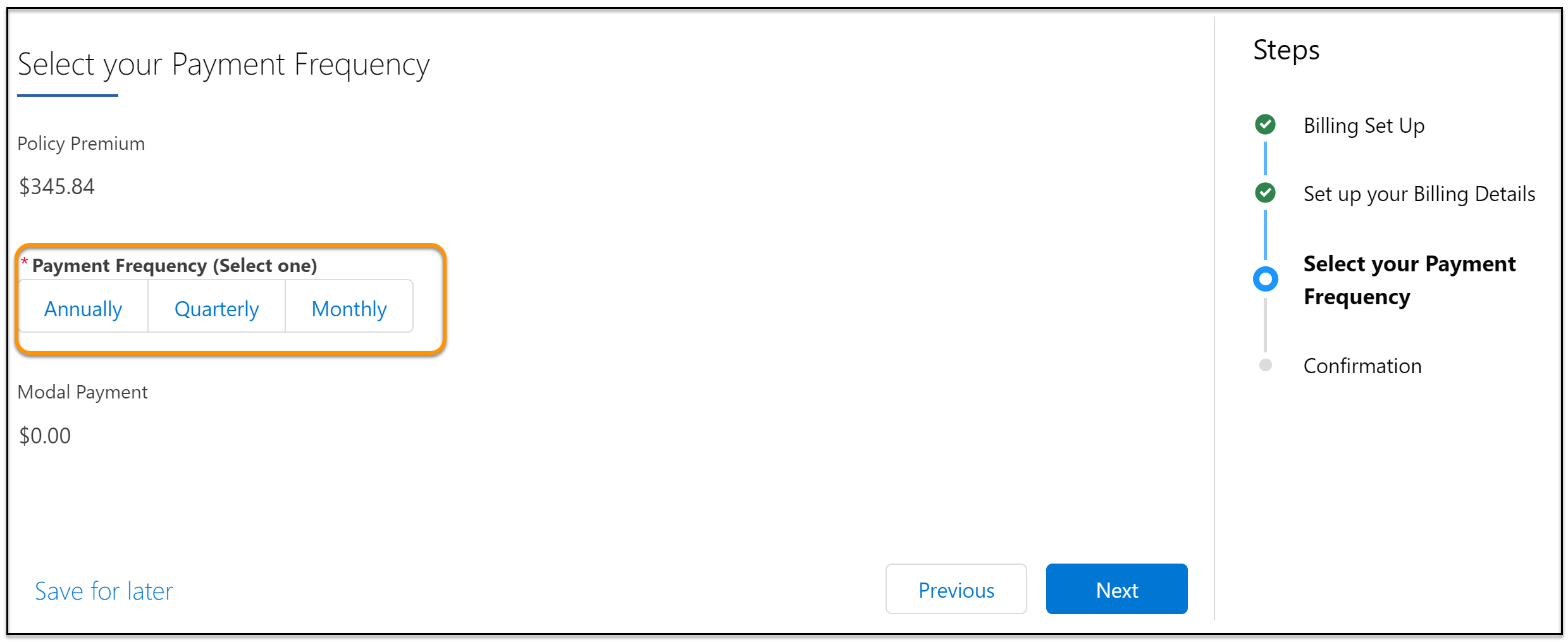 The Select your Payment Frequency screen.