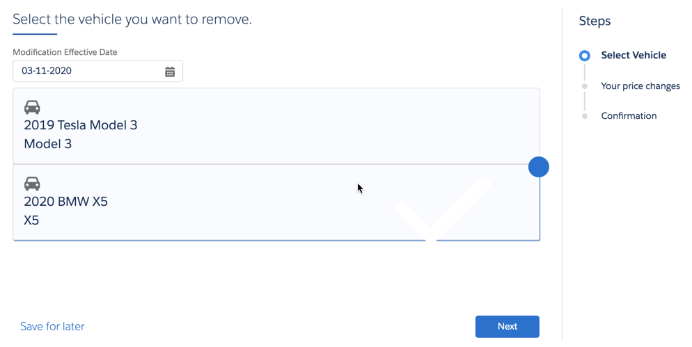 The Select the vehicle you want to remove screen.