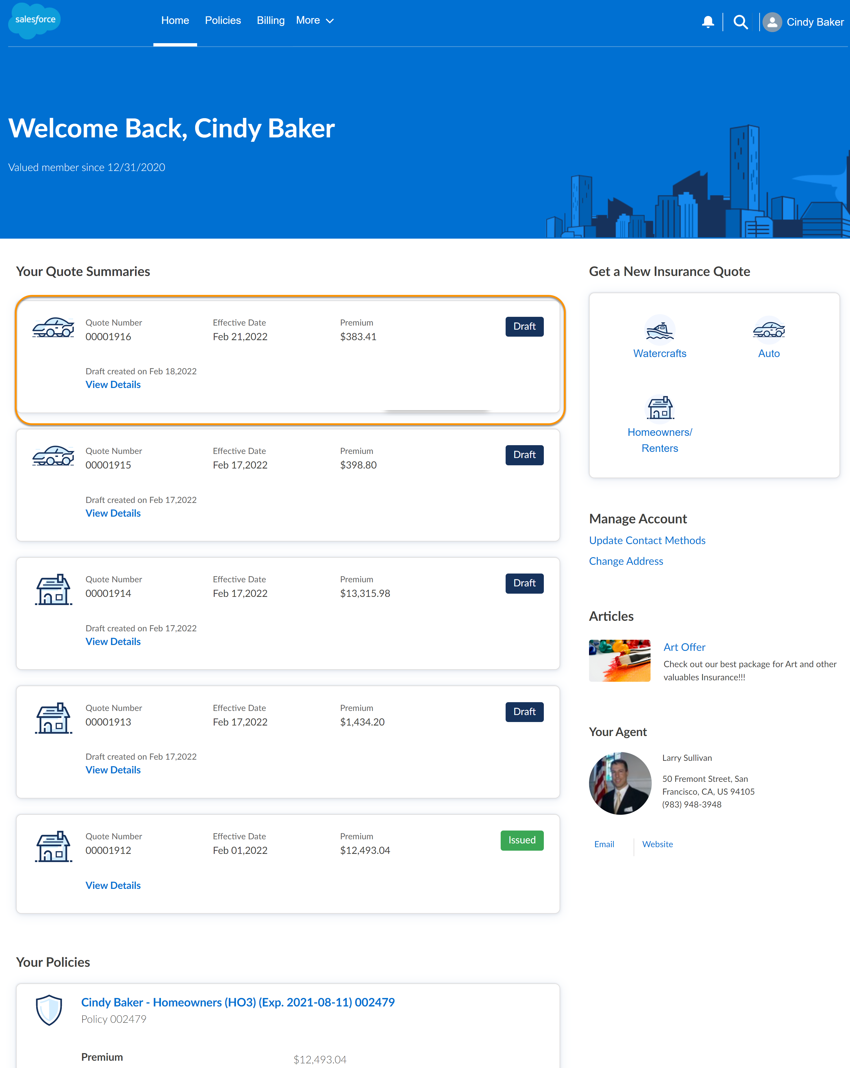 Illustrates the Quote Summaries on the Policyholder home page.