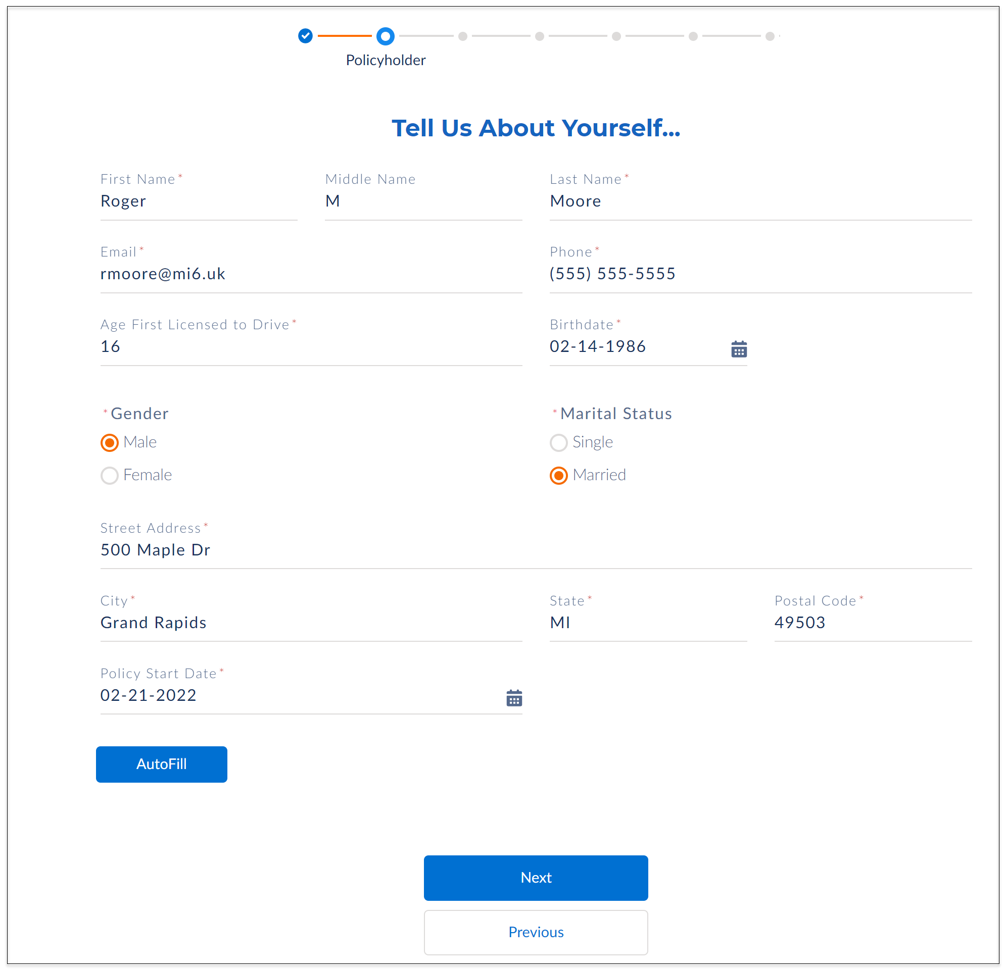 The Tell Us About Yourself screen.