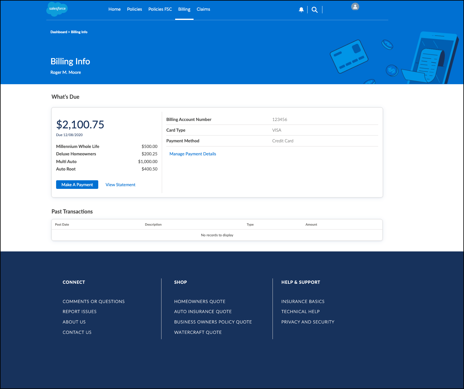 The Billing page of the Policyholder site template.
