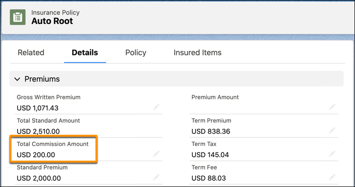 Policy with Total Commission Amount highlighted