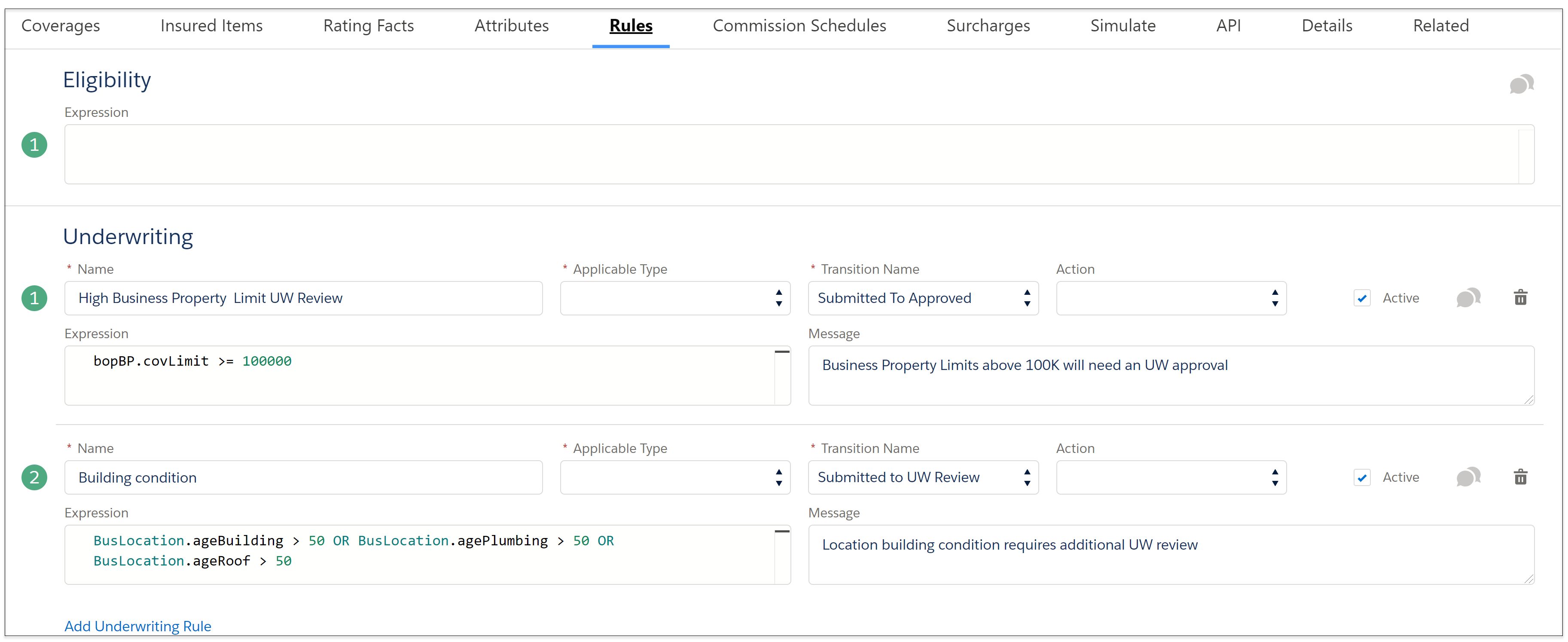 Illustrates the underwriting rules for the Essential Business product.