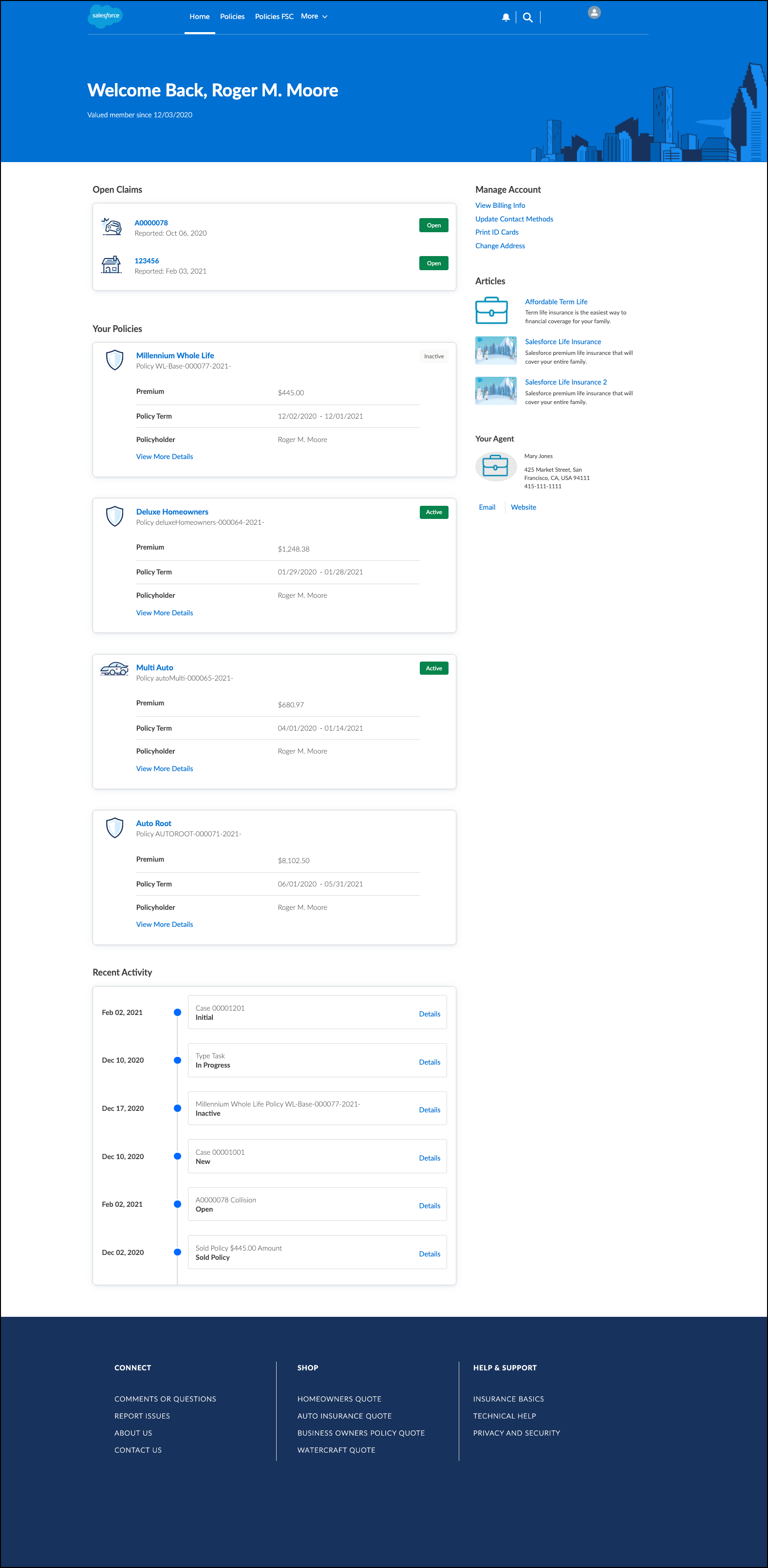 Home page of the Policyholder site template