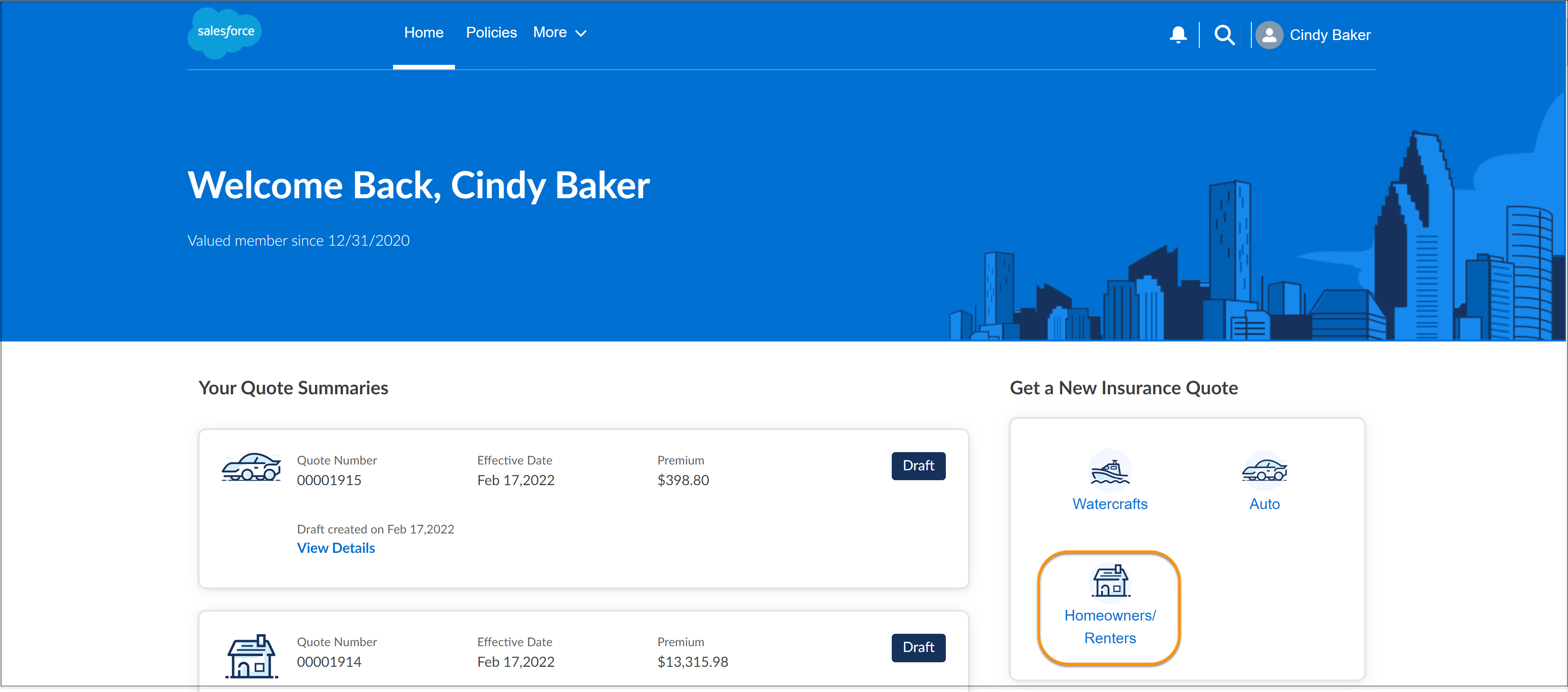 Illustrates the option to start a property quote from the policyholders site.