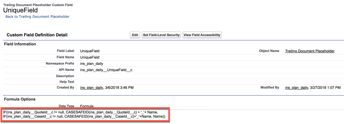 Custom field with parent-child formulas highlighted in the Formula Options section