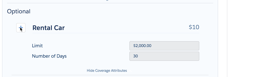 The add optional coverages button.