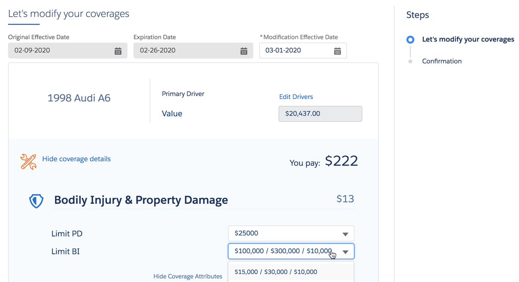 The Let's modify your coverages screen.