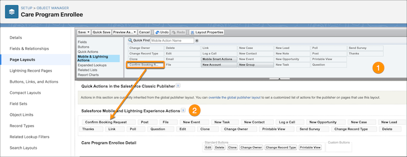 The Confirm Booking Request quick action button added to the highlights panel of a record page.