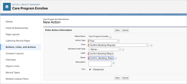 A new quick action for the Confirm Booking Request Salesforce Flow.