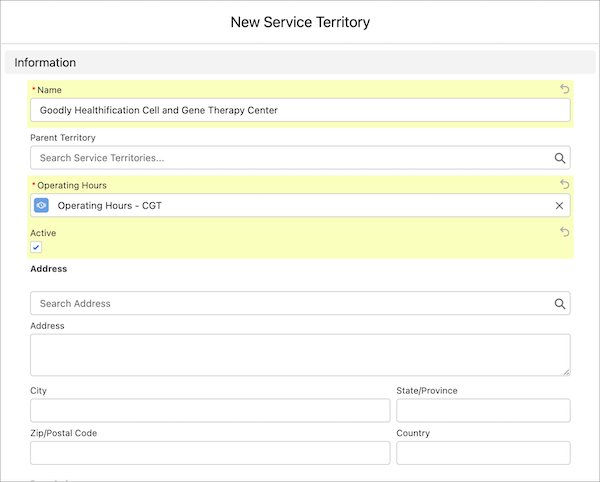A service territory record with name, operating hours, and a checkbox for active.