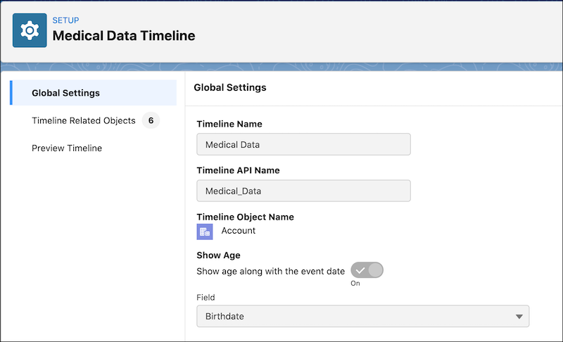 Global settings page in timeline configuration