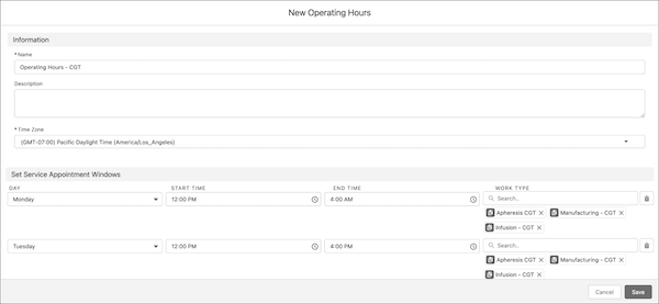 Un enregistrement d'heures opérationnelles avec le nom, les fuseaux horaires et les fenêtres de rendez-vous de service, associés à des types de travail.