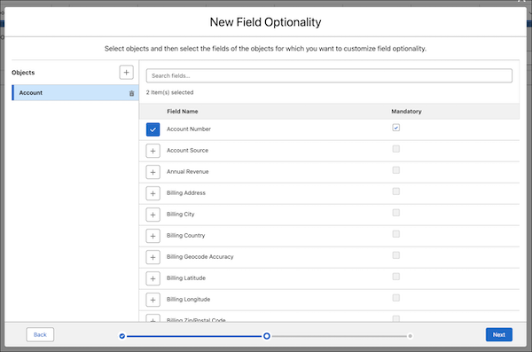 Un nouvel enregistrement de remplacement facultatif de champ avec le champ Numéro de compte de l'objet Compte défini comme obligatoire.