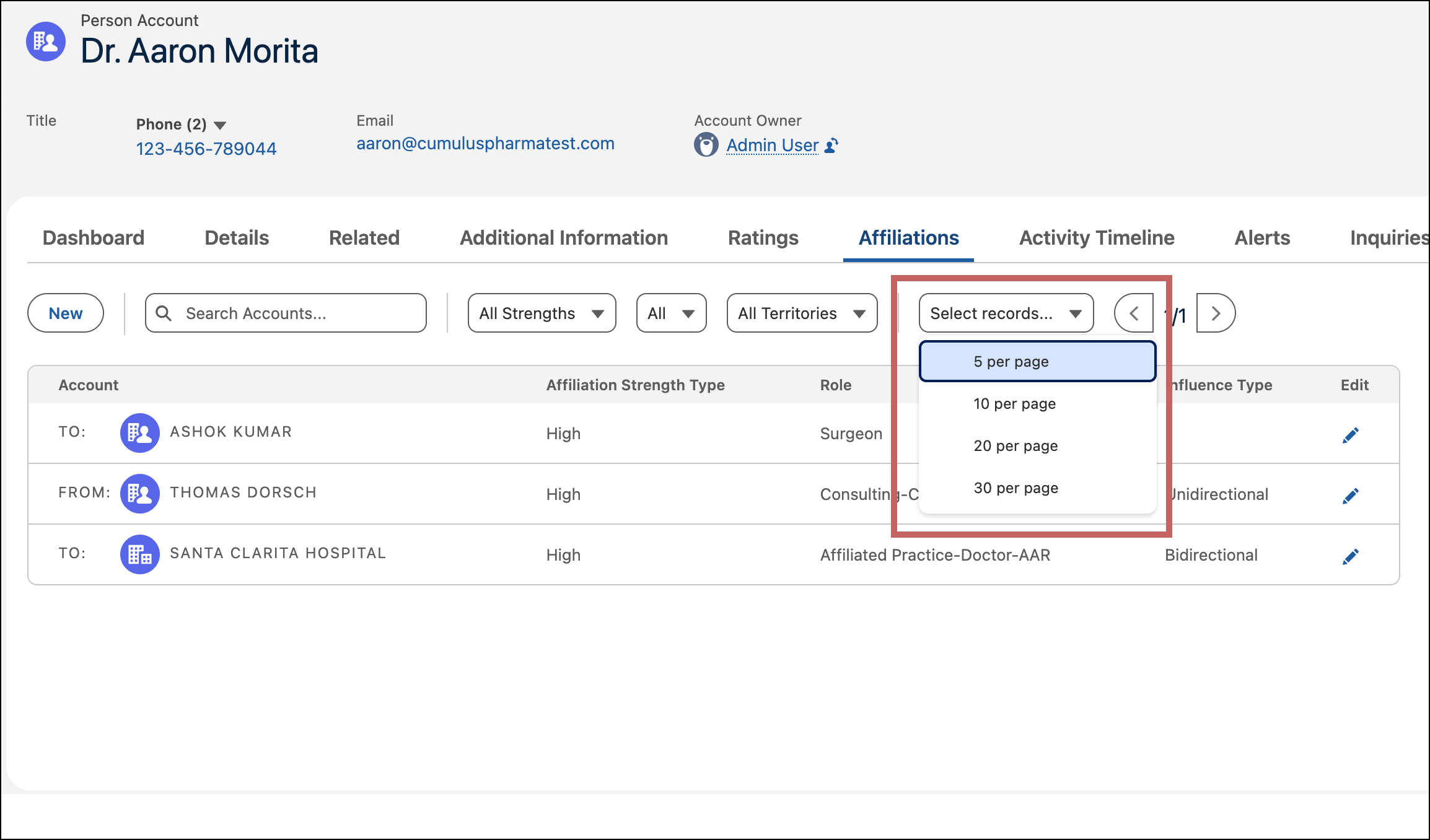 O menu suspenso de registros por página no modo de exibição de tabela de afiliações.