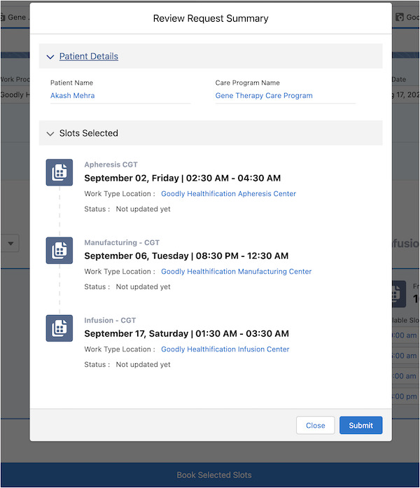Review Request Summary window with details about the patient and slots selected.