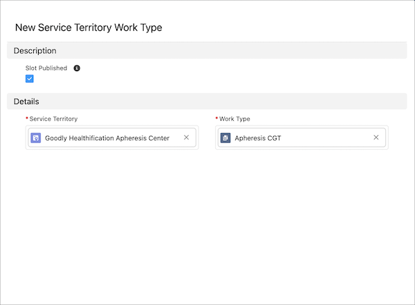Un enregistrement de type de travail de territoire de service avec un territoire de service, un type de travail et une case à cocher pour le champ Créneau publié.