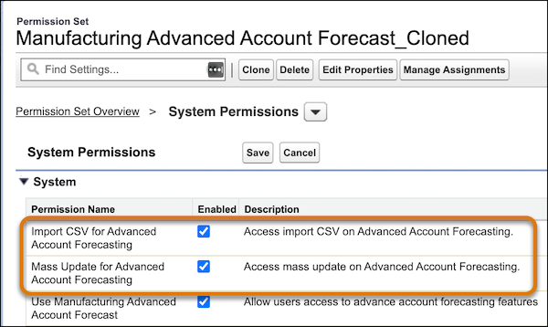 System permissions in the Manufacturing Advanced Account Forecast permission set