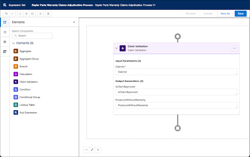 The Claim Validation business element in an expression set.