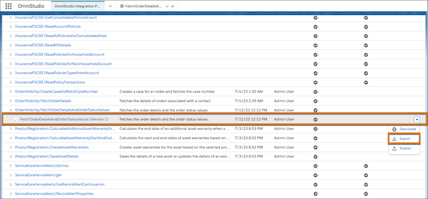 El procedimiento de integración FetchOrderDetailsAndOrderStatusValues (versión 1) resaltado en la página Procedimientos de integración de OmniStudio.