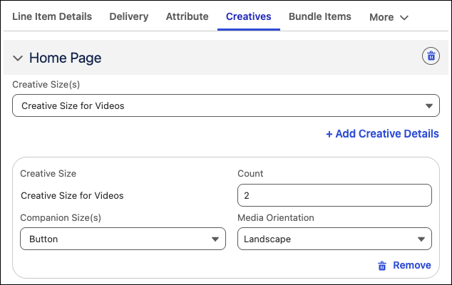 Ad Spaces and Creatives tab of the Line Item Configuration panel in a media plan.