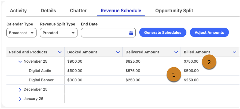 The Revenue Schedule component with actual amounts.
