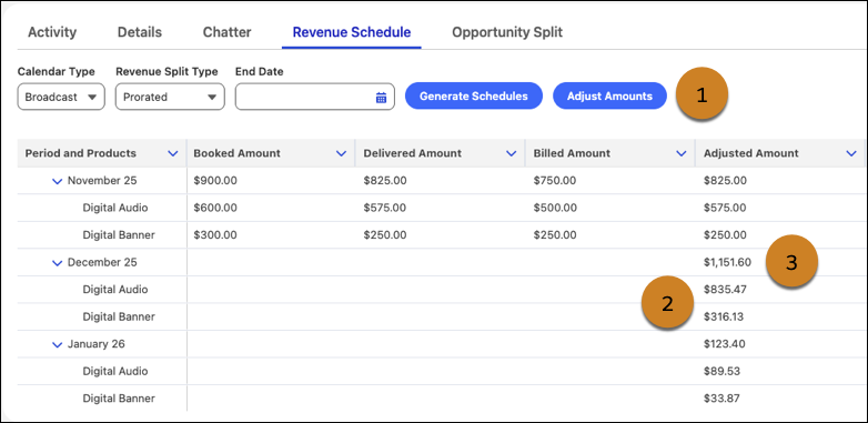 The Revenue Schedule component with actual amounts and adjustments.