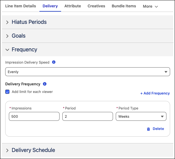 Frequency section of the Delivery tab of the Line Item Configuration panel.