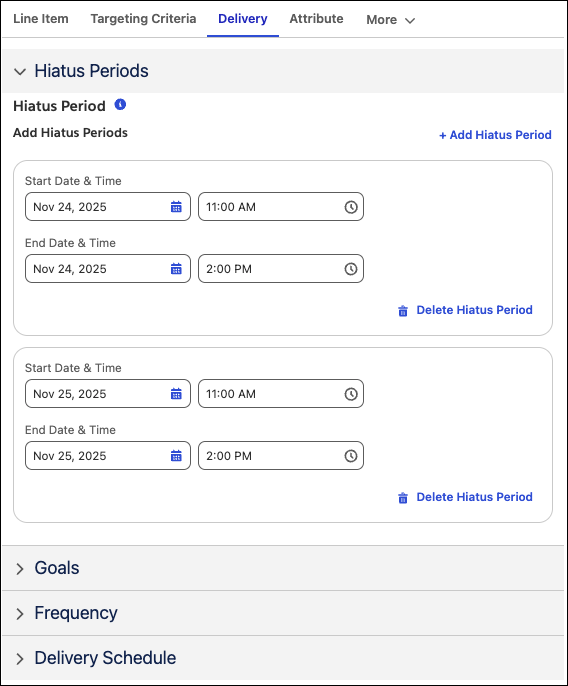 Hiatus Periods section of the Delivery tab of the Line Item Configuration panel.